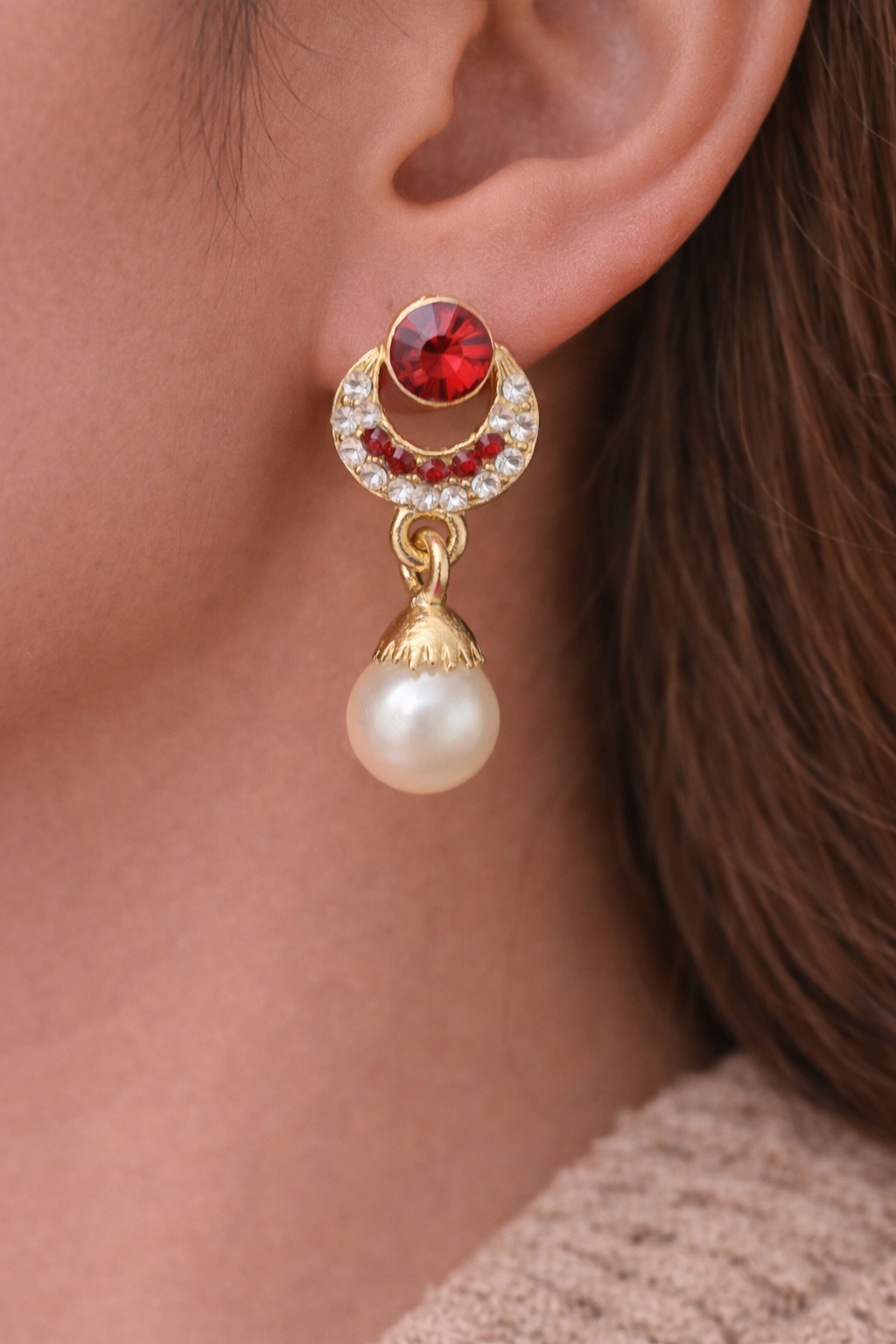 Red Stone Pearl Earrings for Women Party Wear Traditional