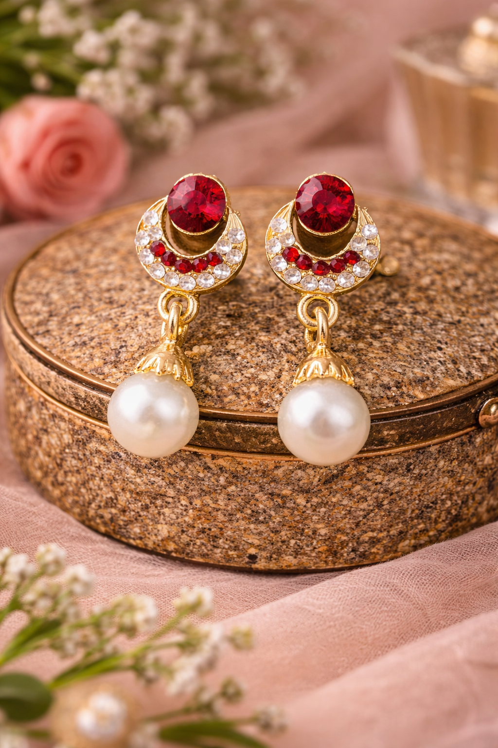 Red Stone Pearl Earrings for Women Party Wear Traditional