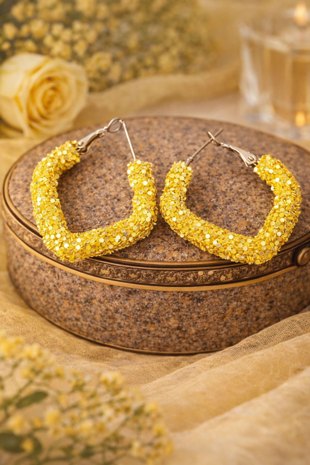 Yellow Glitter Hoop Earrings for Women Party Wear Hoops