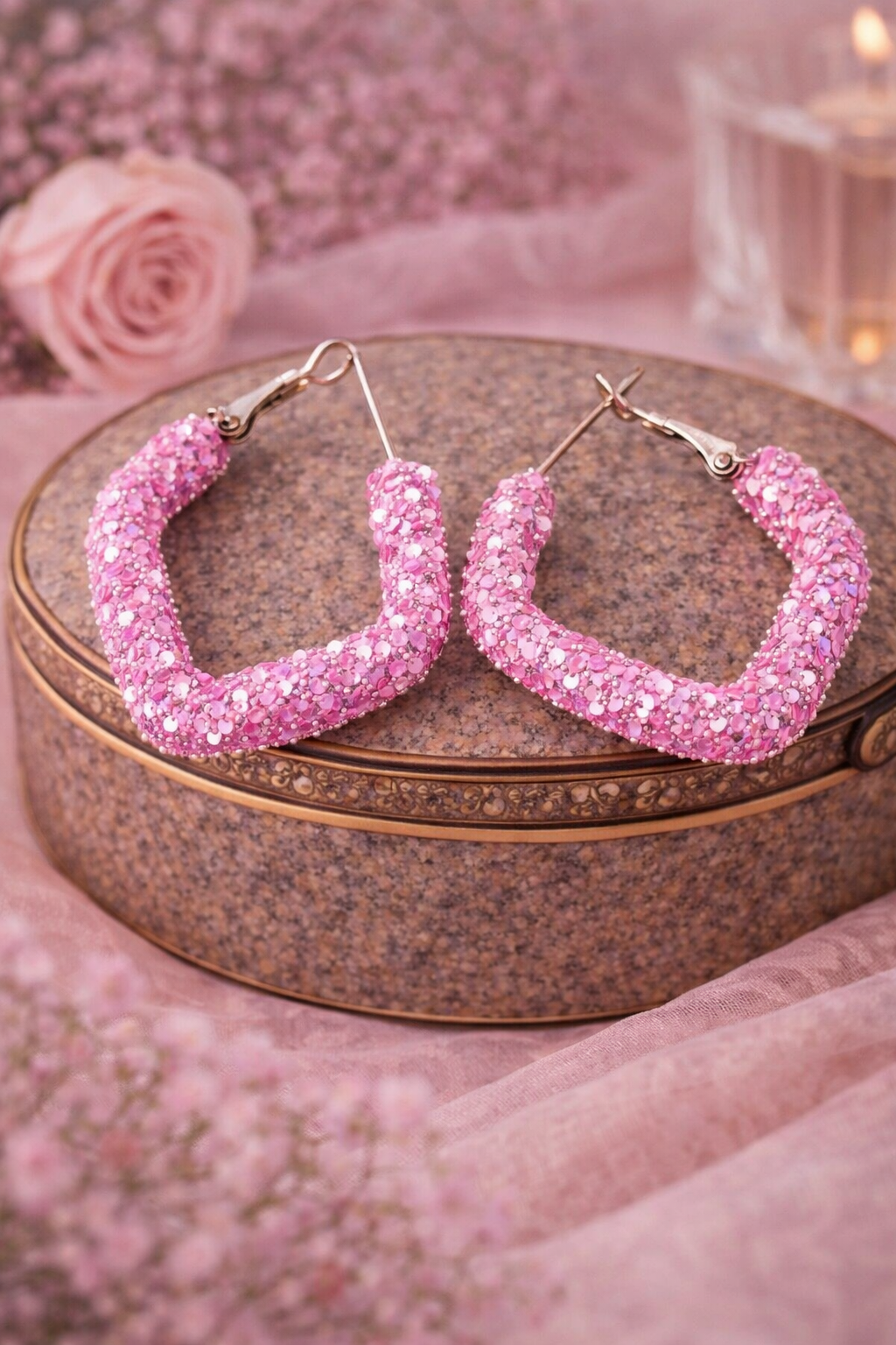 Pink Glitter Hoop Earrings for Women Party Wear Hoops