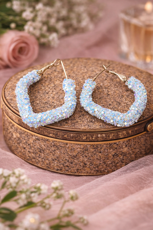 Sky Blue Glitter Hoop Earrings for Women Party Wear Hoops
