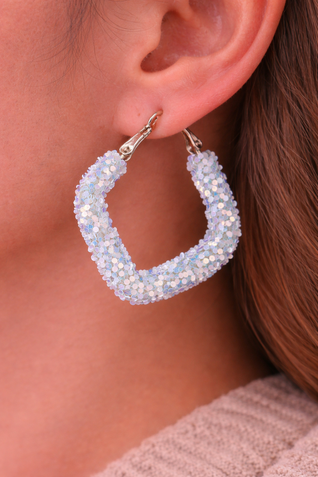 Sky Blue Glitter Hoop Earrings for Women Party Wear Hoops