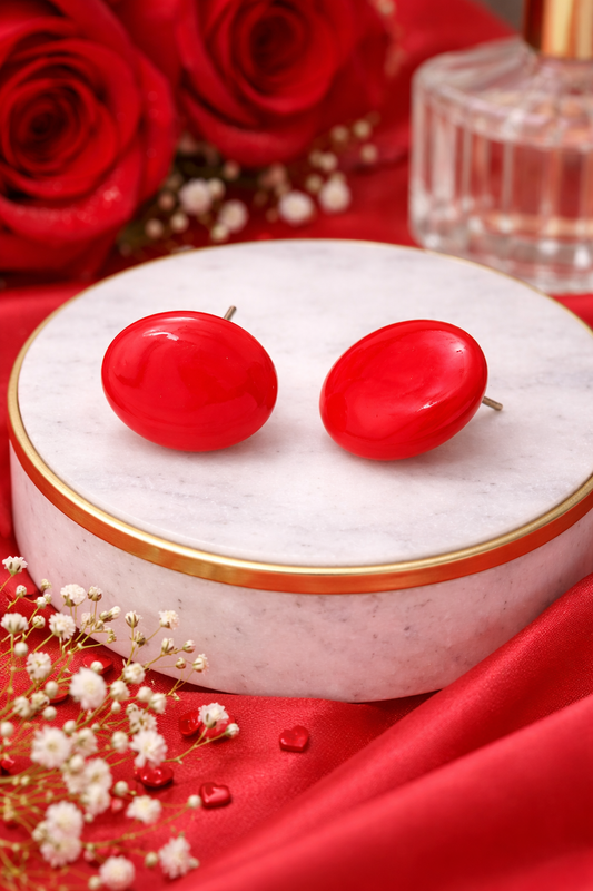 Red Oval Stud Earrings for Women Glossy Minimal Daily Wear