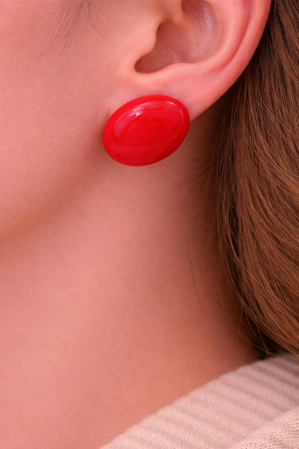 Red Oval Stud Earrings for Women Glossy Minimal Daily Wear