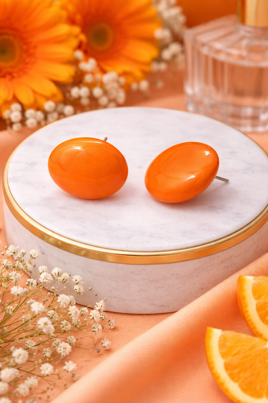 Orange Oval Stud Earrings for Women Glossy Minimal Daily Wear