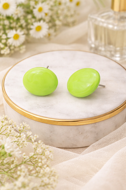 Neon Green Oval Stud Earrings for Women Glossy Minimal Daily Wear
