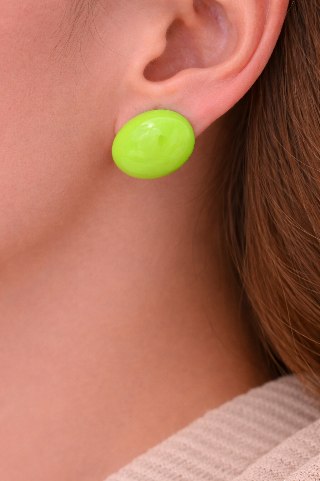 Neon Green Oval Stud Earrings for Women Glossy Minimal Daily Wear