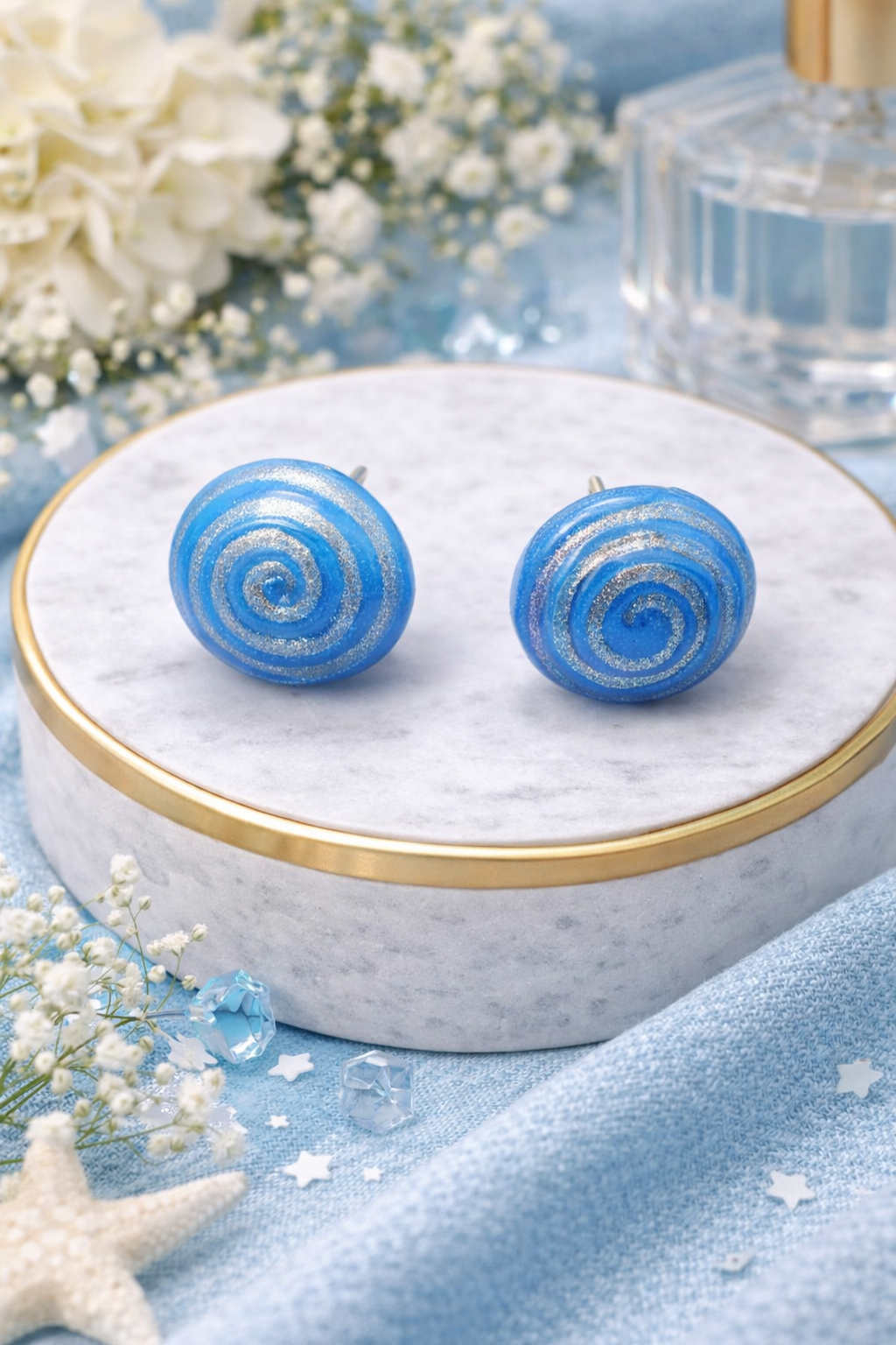 Blue Spiral Glitter Stud Earrings for Women Round Minimal Wear