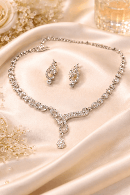 Silver Crystal Necklace Set with Earrings for Women