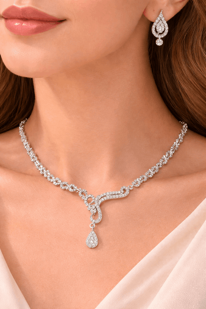 Silver Crystal Necklace Set with Earrings for Women