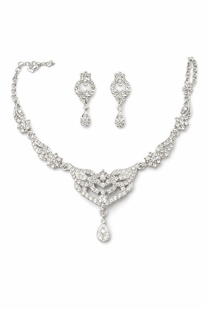 Silver Crystal Bridal Necklace Set with Earrings for Women