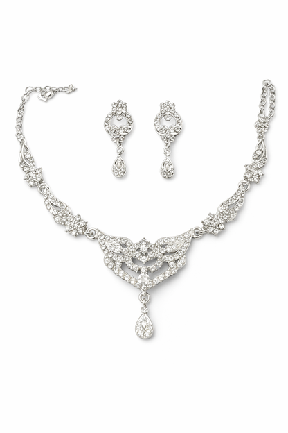 Silver Crystal Bridal Necklace Set with Earrings for Women
