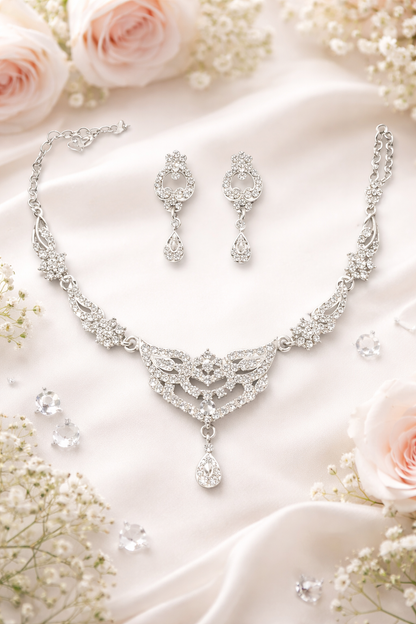 Silver Crystal Bridal Necklace Set with Earrings for Women