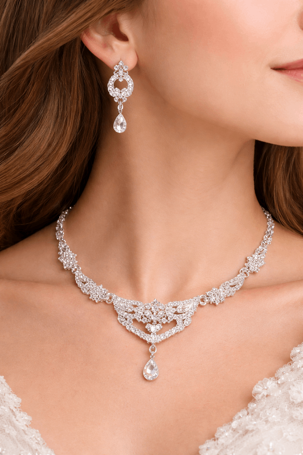 Silver Crystal Bridal Necklace Set with Earrings for Women