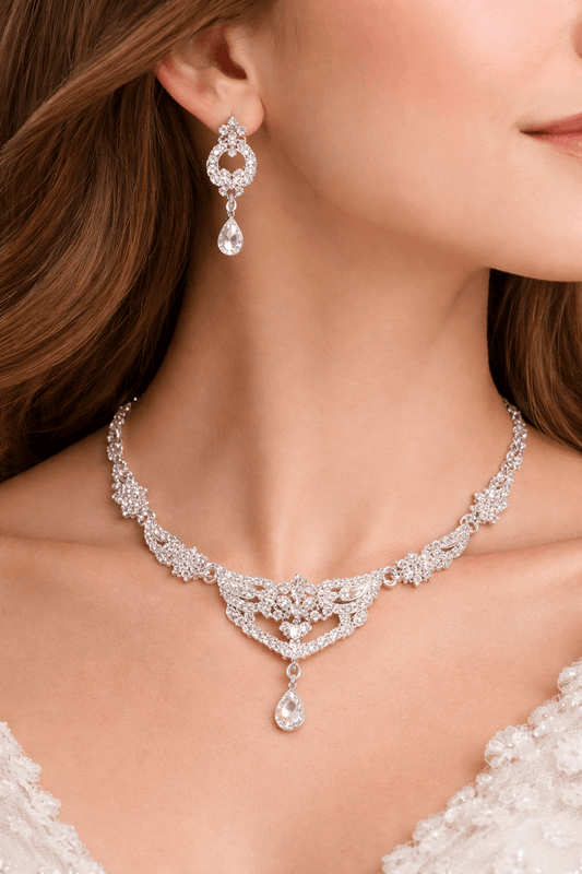 Silver Crystal Bridal Necklace Set with Earrings for Women