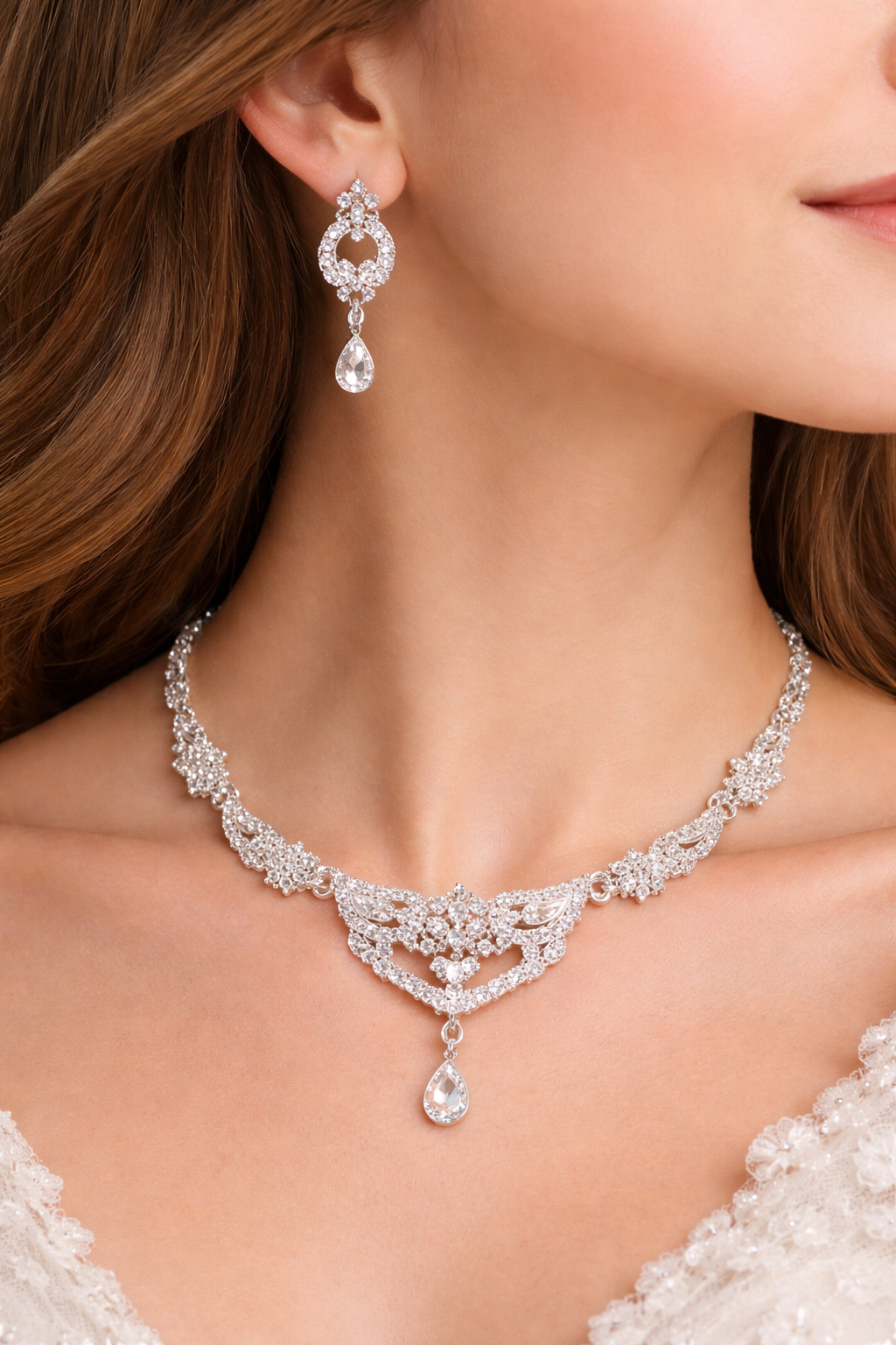 Silver Crystal Bridal Necklace Set with Earrings for Women