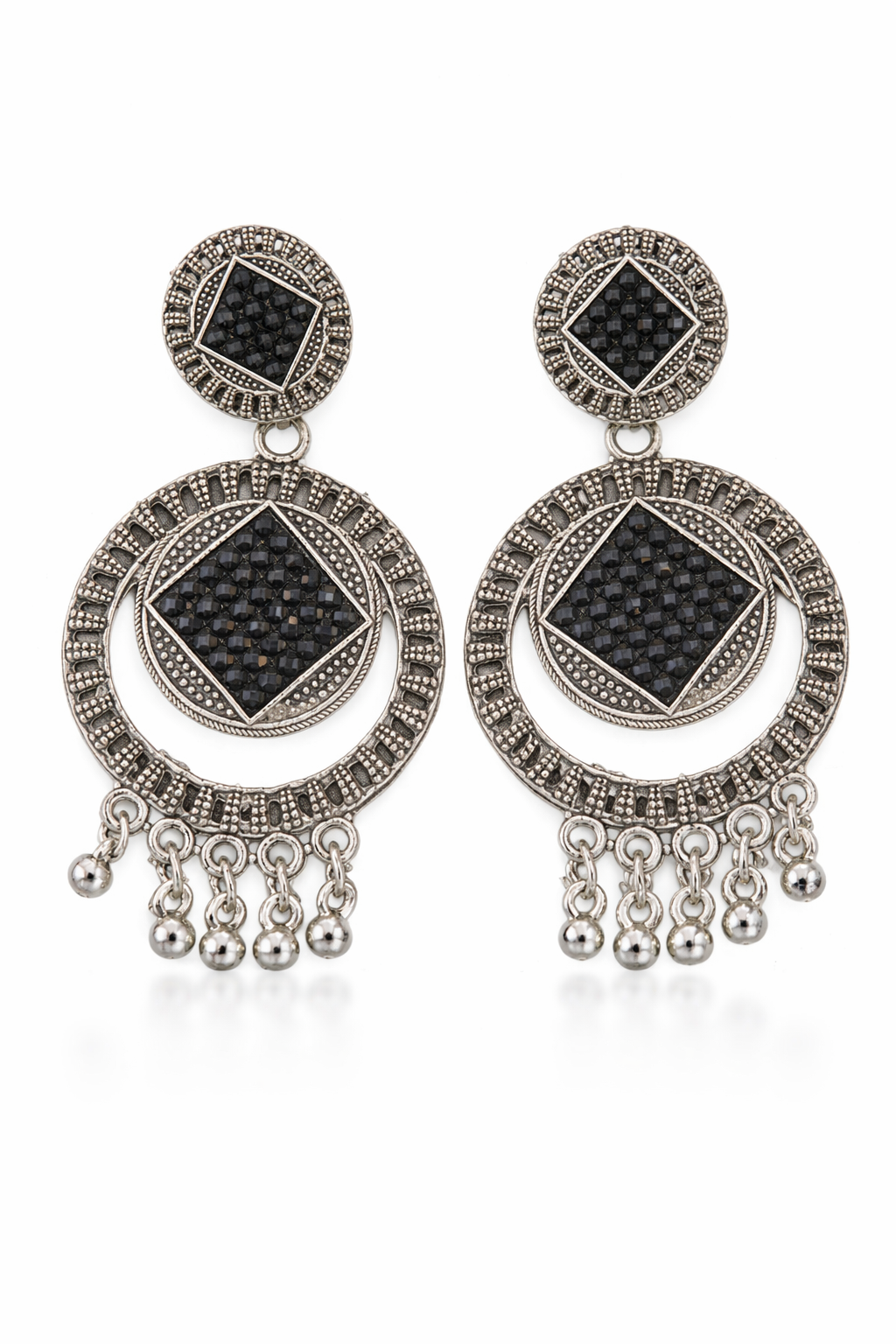 Oxidised Silver Black Stone Earrings with Hanging Beads