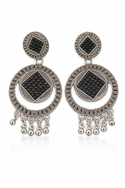Oxidised Silver Black Stone Earrings with Hanging Beads
