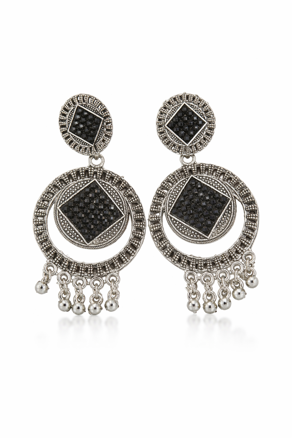 Oxidised Silver Black Stone Earrings with Hanging Beads
