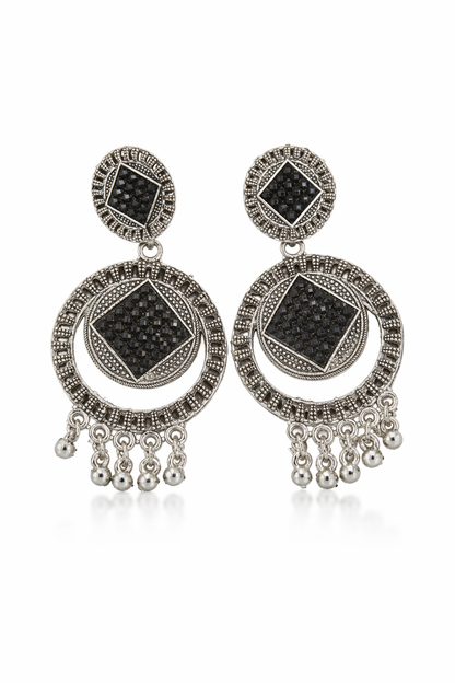 Oxidised Silver Black Stone Earrings with Hanging Beads