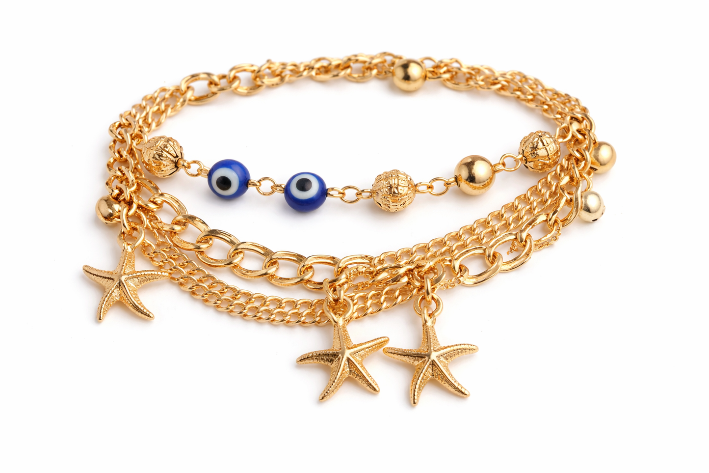 Gold Charm Layered Bracelet with Evil Eye & Starfish Charms for Women
