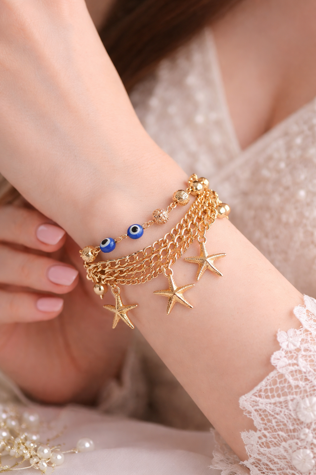 Gold Charm Layered Bracelet with Evil Eye & Starfish Charms for Women