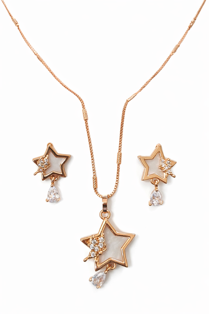 Gold Star Pendant Necklace Set with Crystal Drops for Women