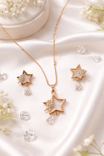 Gold Star Pendant Necklace Set with Crystal Drops for Women
