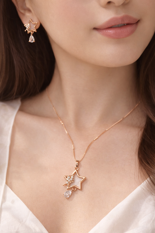 Gold Star Pendant Necklace Set with Crystal Drops for Women