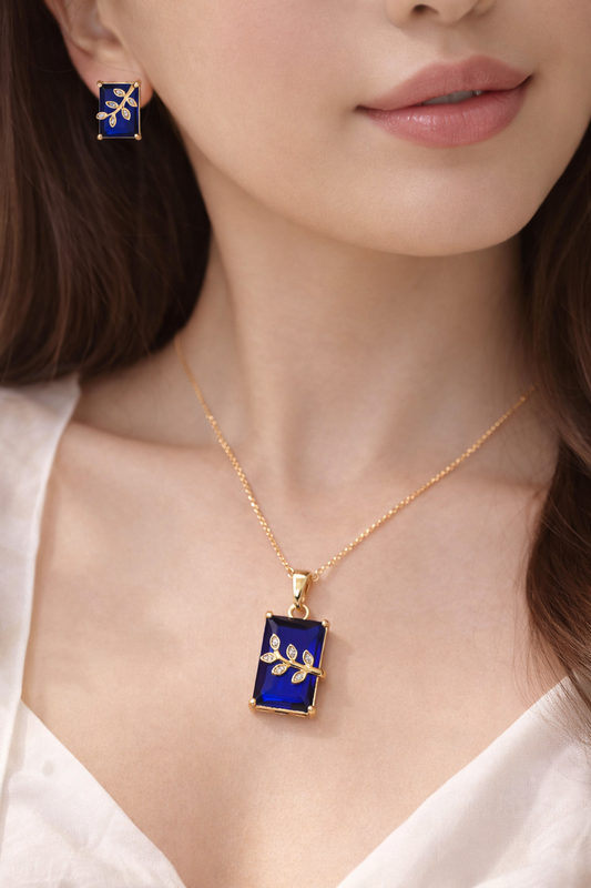 Royal Blue Stone Pendant Necklace Set with Leaf Design for Women