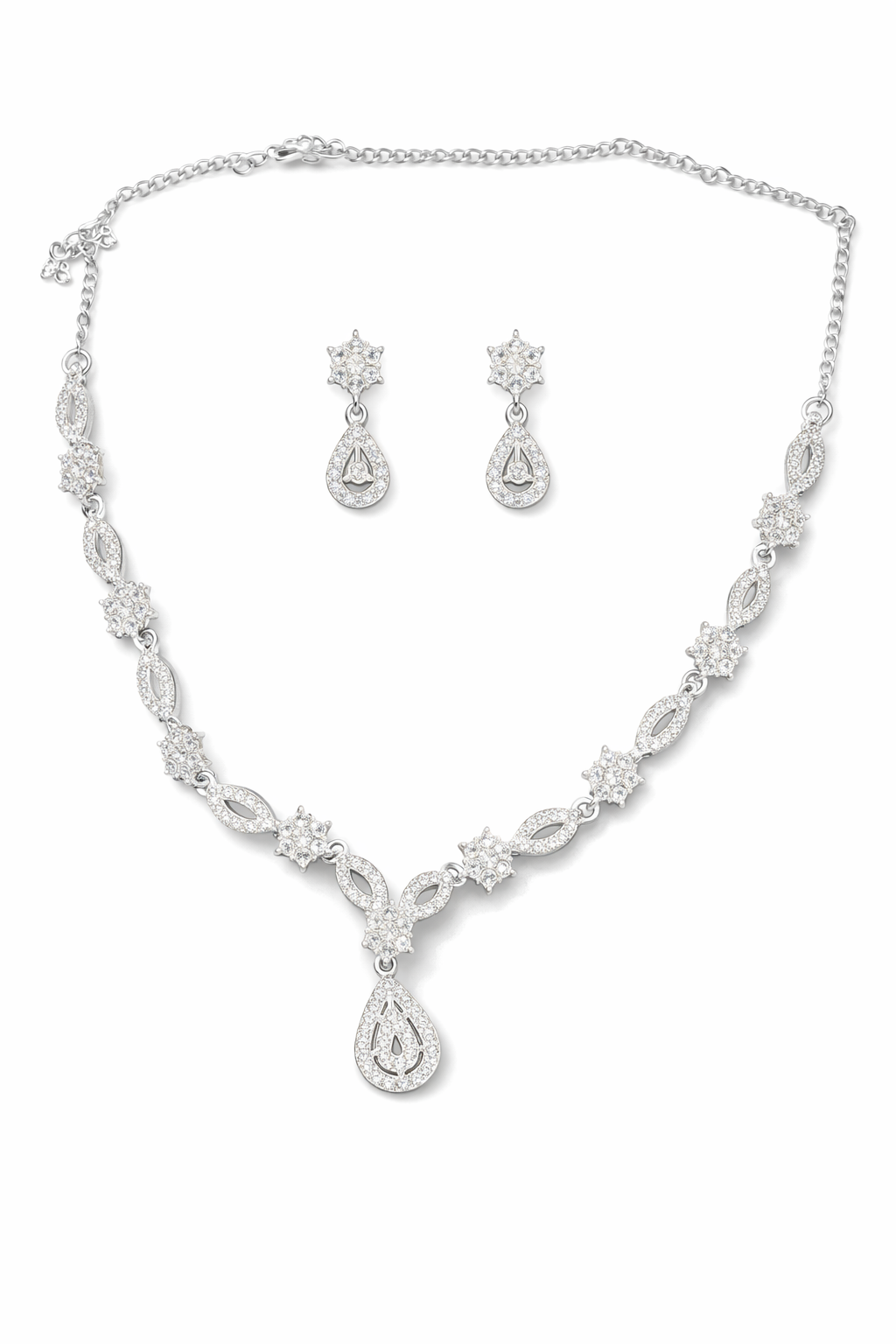 Silver Crystal Teardrop Necklace Set for Women