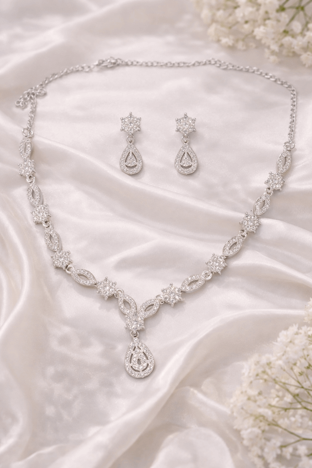 Silver Crystal Teardrop Necklace Set for Women