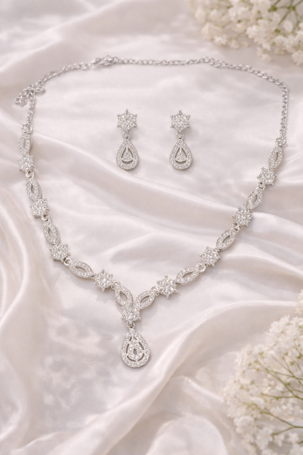 Silver Crystal Teardrop Necklace Set for Women