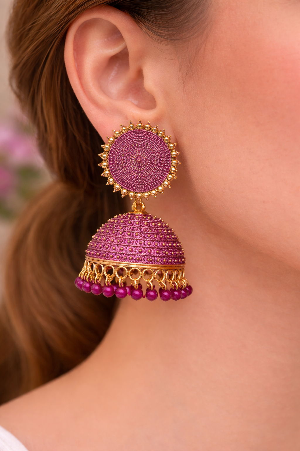 Rani Pink Jhumka Earrings with Beads for Women