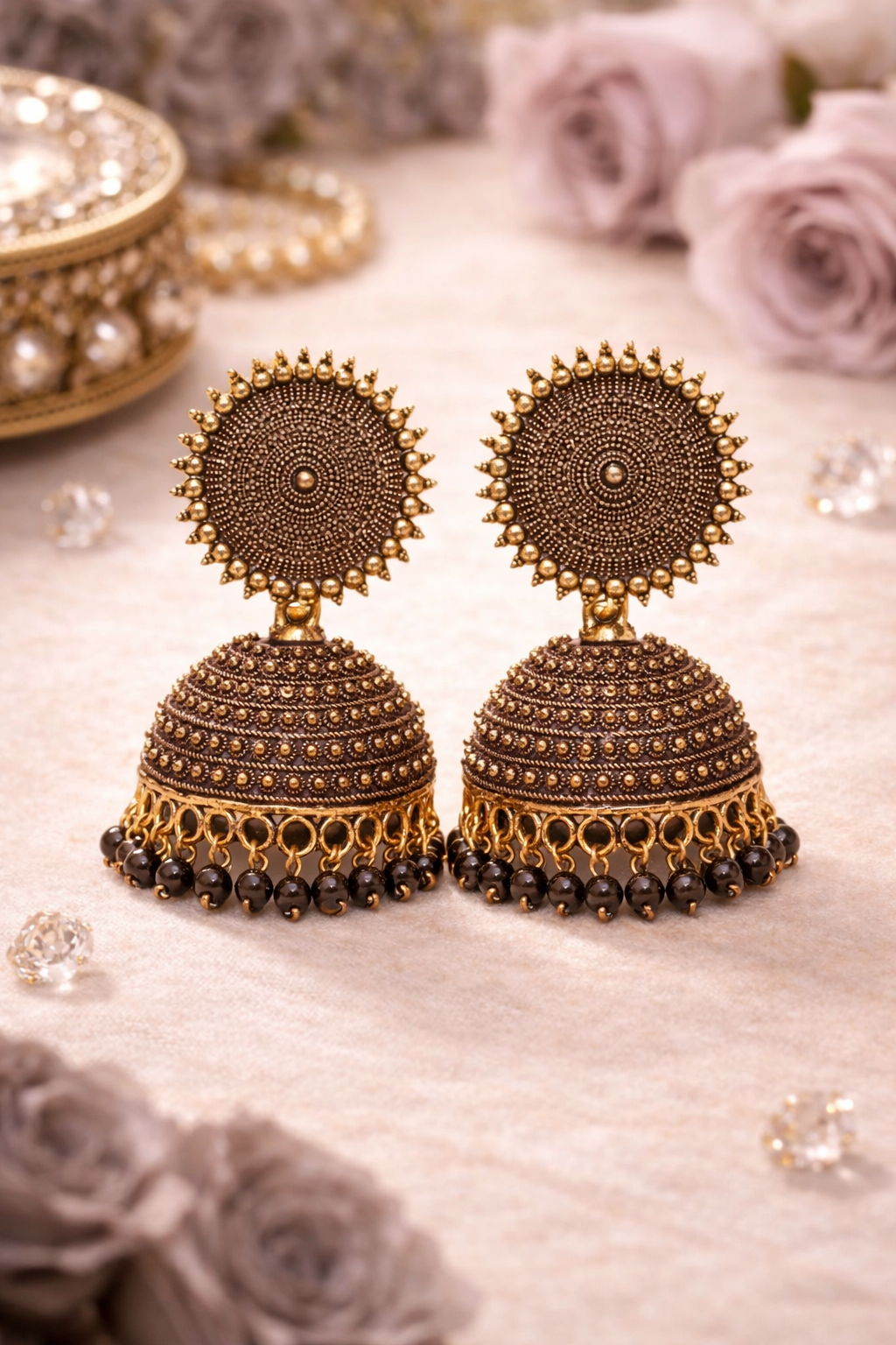 Antique Brown Jhumka Earrings with Beads for Women
