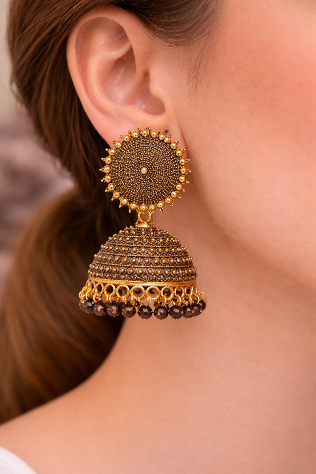 Antique Brown Jhumka Earrings with Beads for Women