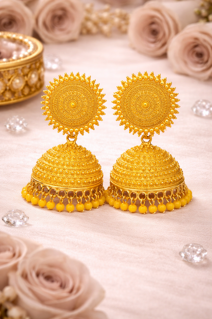 Yellow Jhumka Earrings with Beads for Women