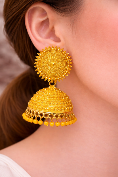 Yellow Jhumka Earrings with Beads for Women