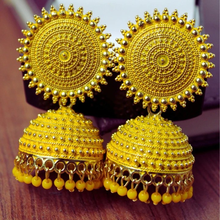 Yellow Jhumka Earrings with Beads for Women