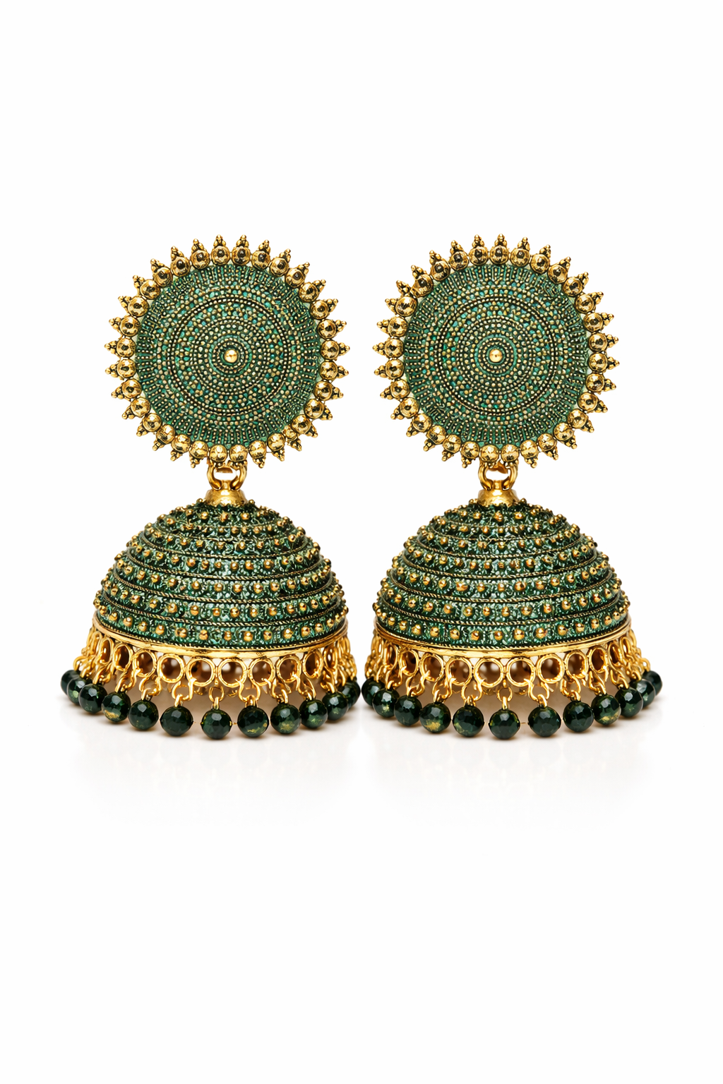 Bottle Green Jhumka Earrings with Beads for Women