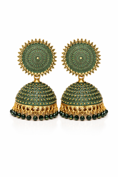 Bottle Green Jhumka Earrings with Beads for Women