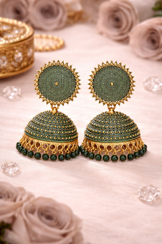 Bottle Green Jhumka Earrings with Beads for Women
