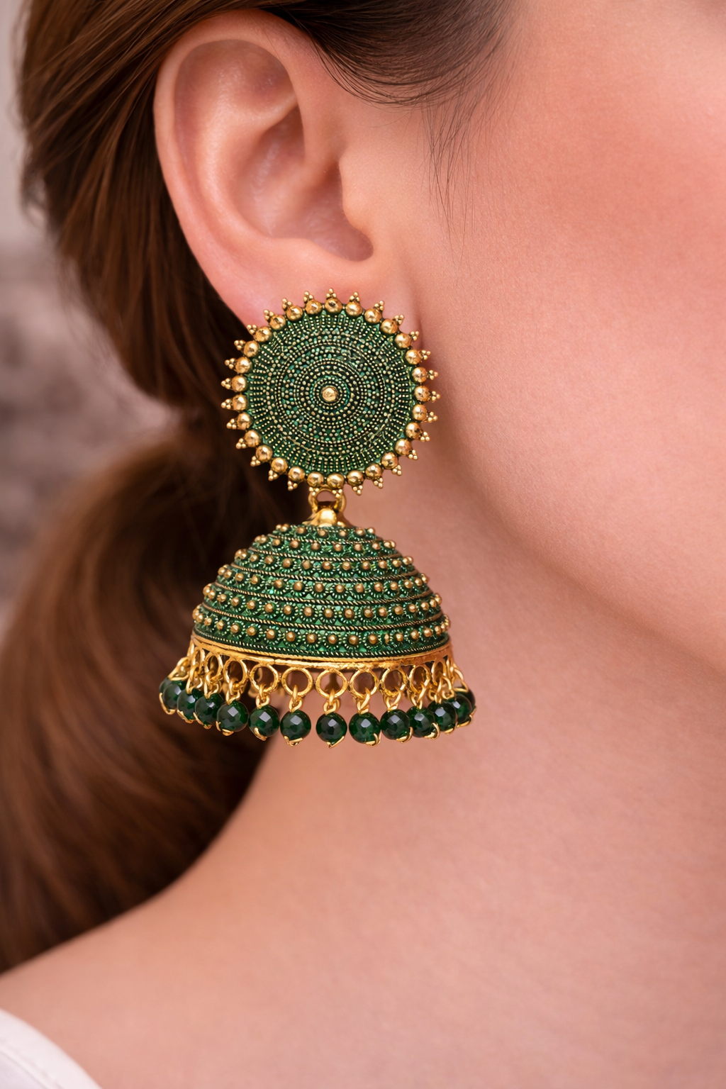 Bottle Green Jhumka Earrings with Beads for Women