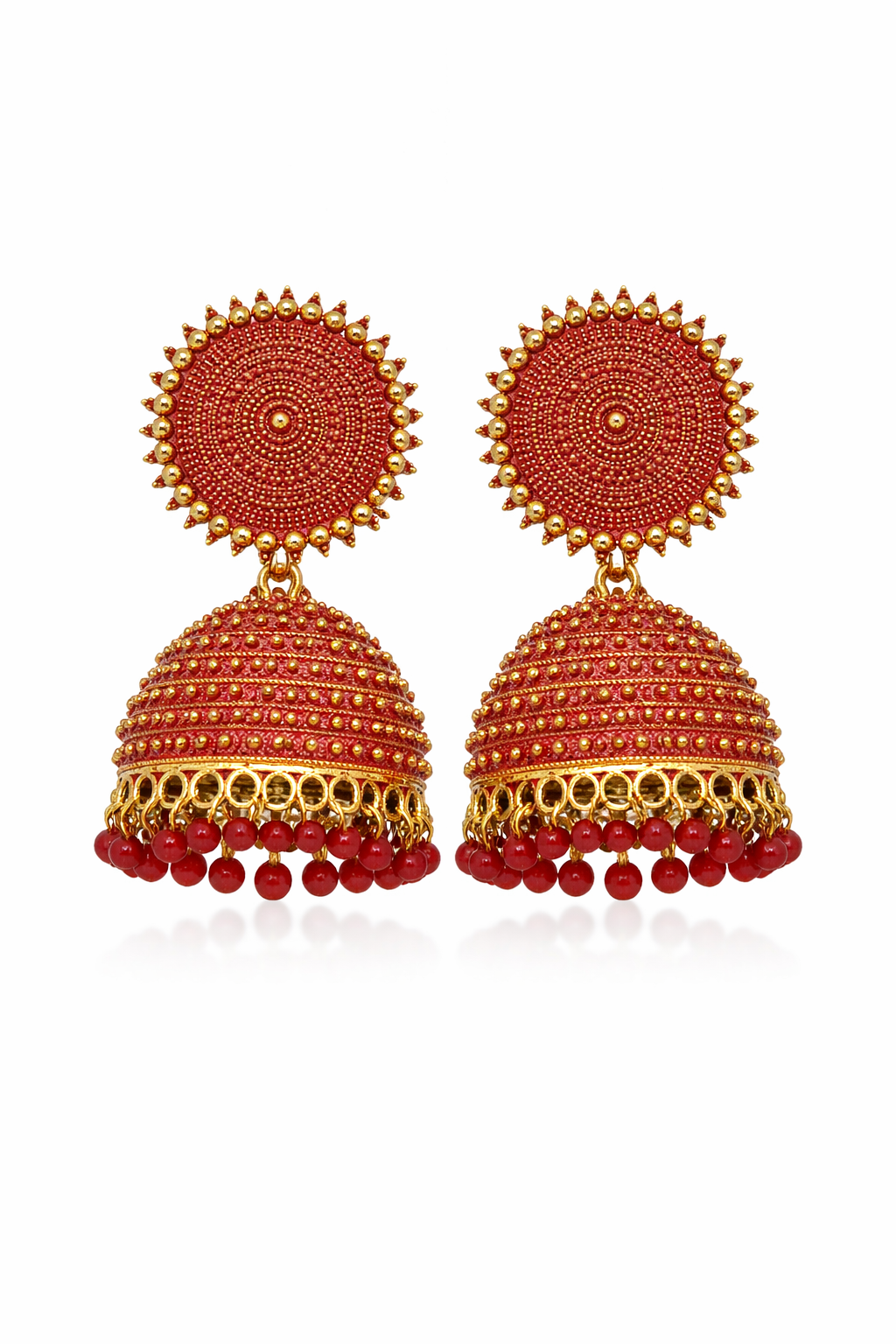 Red Jhumka Earrings with Beads for Women