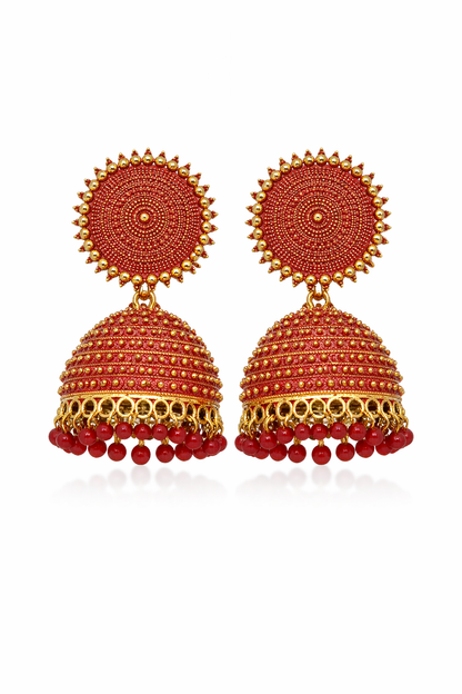 Red Jhumka Earrings with Beads for Women