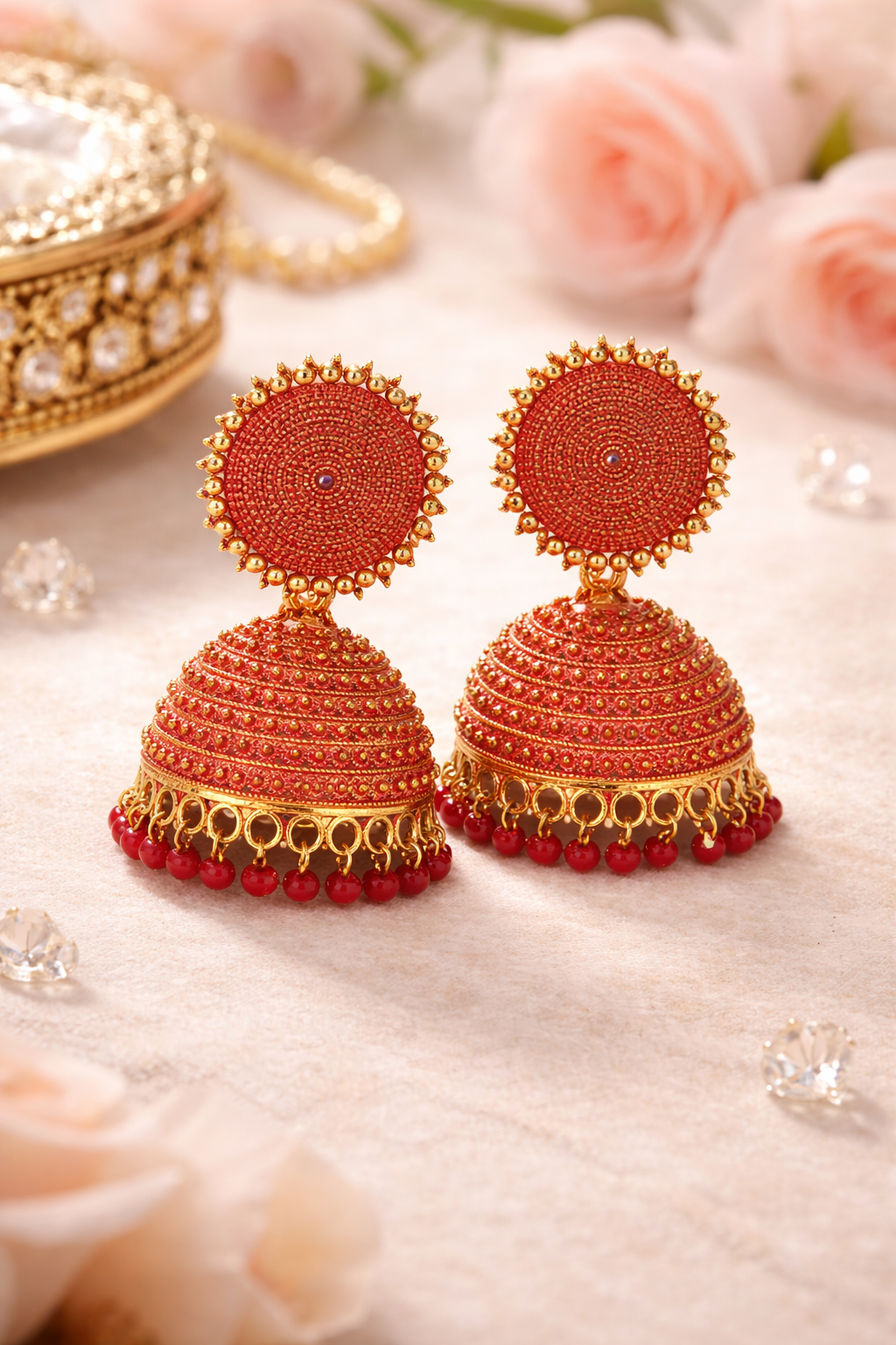 Red Jhumka Earrings with Beads for Women