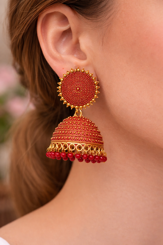 Red Jhumka Earrings with Beads for Women