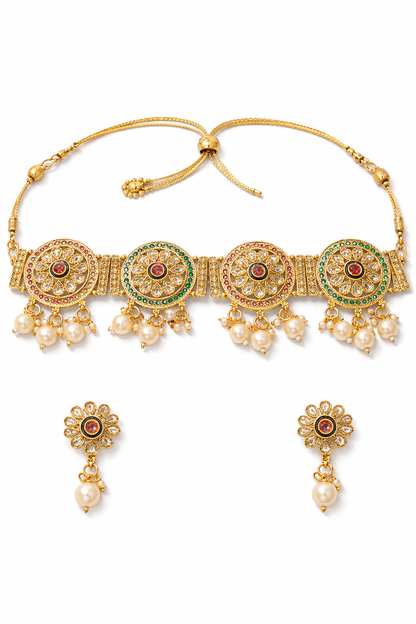 Traditional Kundan Pearl Choker Necklace Set with Matching Earrings for Women