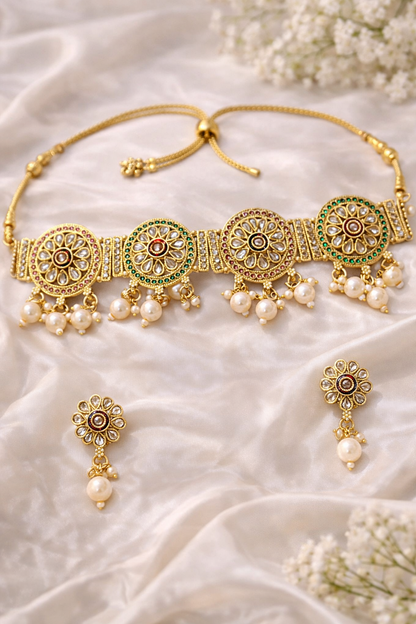 Traditional Kundan Pearl Choker Necklace Set with Matching Earrings for Women