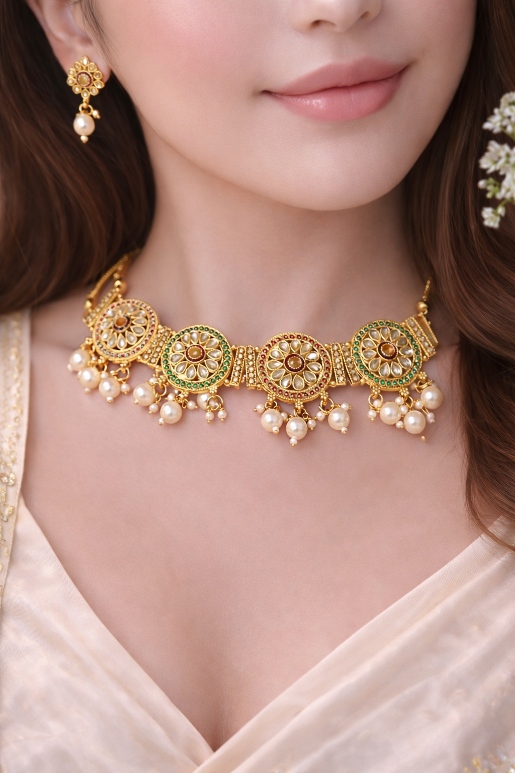 Traditional Kundan Pearl Choker Necklace Set with Matching Earrings for Women